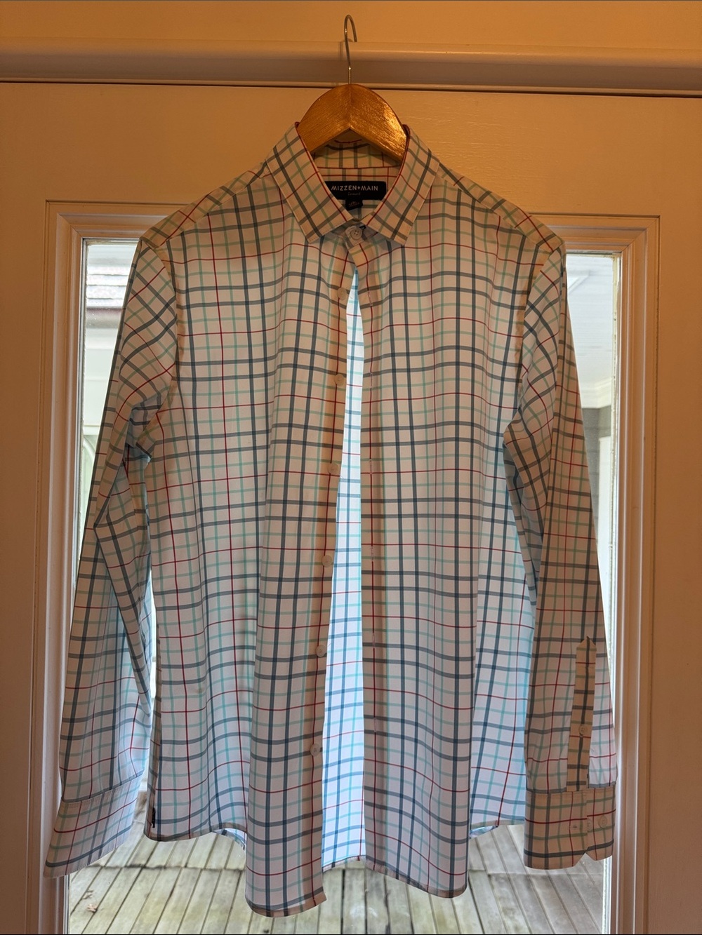 Mizzen+Main White Dress Shirt with Green and Pink Check